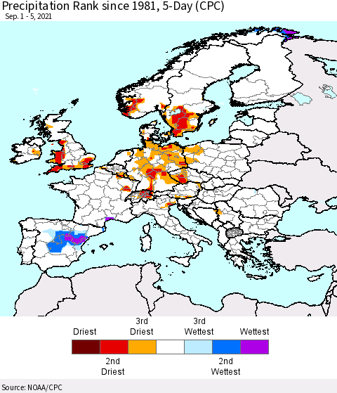 Europe Precipitation Rank 5-Day (CPC) Thematic Map For 9/1/2021 - 9/5/2021