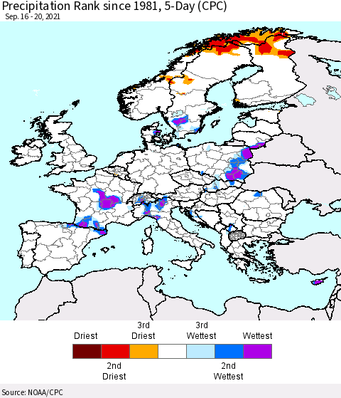 Europe Precipitation Rank since 1981, 5-Day (CPC) Thematic Map For 9/16/2021 - 9/20/2021