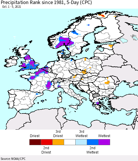Europe Precipitation Rank 5-Day (CPC) Thematic Map For 10/1/2021 - 10/5/2021