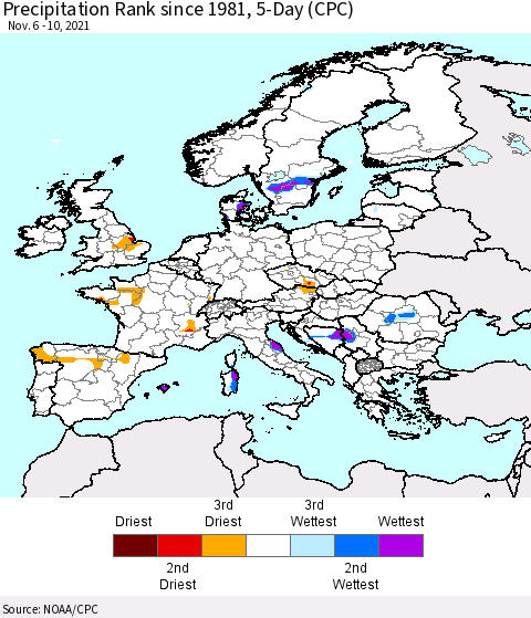 Europe Precipitation Rank since 1981, 5-Day (CPC) Thematic Map For 11/6/2021 - 11/10/2021