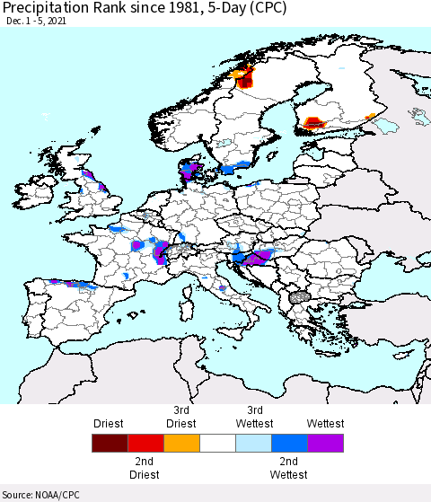 Europe Precipitation Rank since 1981, 5-Day (CPC) Thematic Map For 12/1/2021 - 12/5/2021