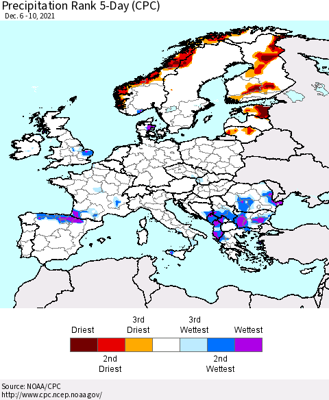 Europe Precipitation Rank 5-Day (CPC) Thematic Map For 12/6/2021 - 12/10/2021