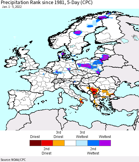 Europe Precipitation Rank 5-Day (CPC) Thematic Map For 1/1/2022 - 1/5/2022