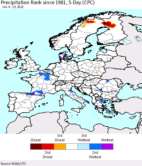 Europe Precipitation Rank 5-Day (CPC) Thematic Map For 1/6/2022 - 1/10/2022