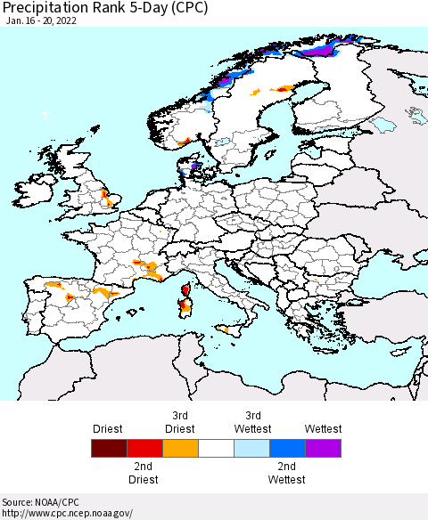 Europe Precipitation Rank 5-Day (CPC) Thematic Map For 1/16/2022 - 1/20/2022