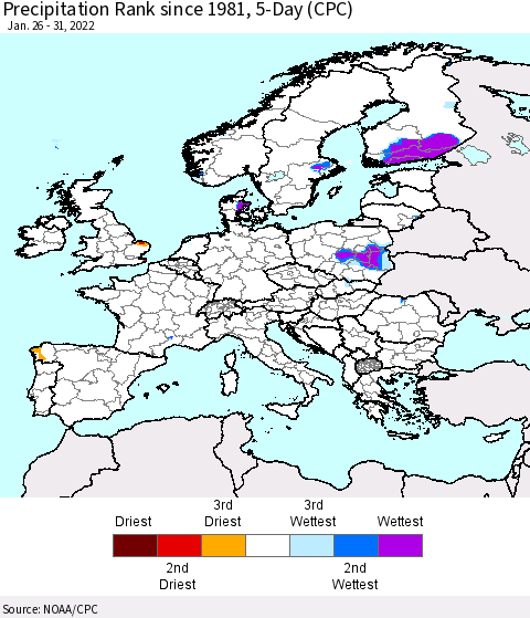 Europe Precipitation Rank 5-Day (CPC) Thematic Map For 1/26/2022 - 1/31/2022