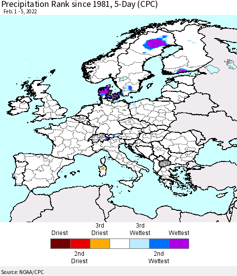 Europe Precipitation Rank since 1981, 5-Day (CPC) Thematic Map For 2/1/2022 - 2/5/2022