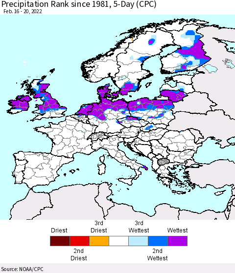 Europe Precipitation Rank 5-Day (CPC) Thematic Map For 2/16/2022 - 2/20/2022