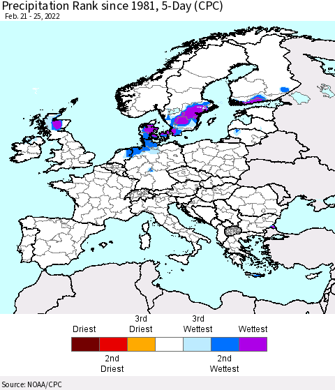 Europe Precipitation Rank 5-Day (CPC) Thematic Map For 2/21/2022 - 2/25/2022