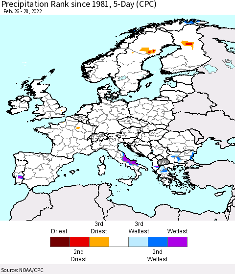 Europe Precipitation Rank since 1981, 5-Day (CPC) Thematic Map For 2/26/2022 - 2/28/2022