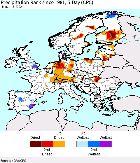 Europe Precipitation Rank 5-Day (CPC) Thematic Map For 3/1/2022 - 3/5/2022
