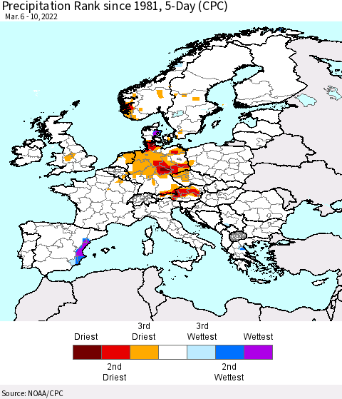 Europe Precipitation Rank since 1981, 5-Day (CPC) Thematic Map For 3/6/2022 - 3/10/2022