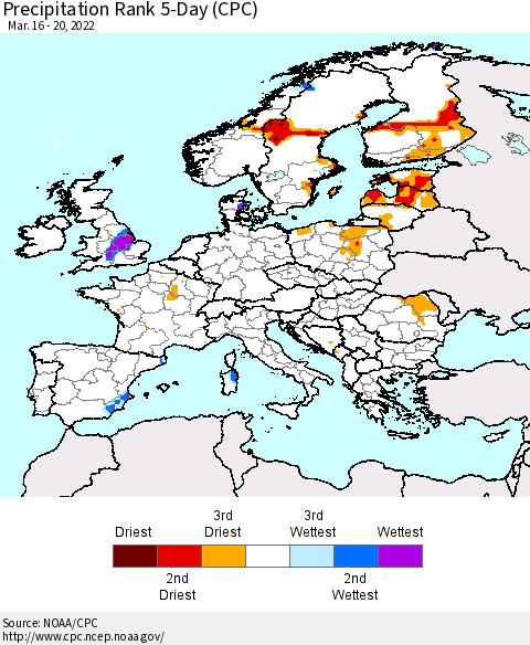 Europe Precipitation Rank 5-Day (CPC) Thematic Map For 3/16/2022 - 3/20/2022