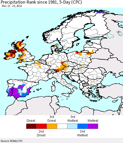 Europe Precipitation Rank 5-Day (CPC) Thematic Map For 3/21/2022 - 3/25/2022