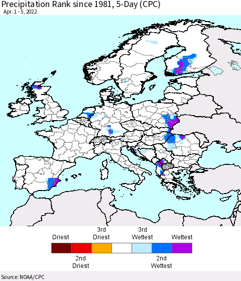 Europe Precipitation Rank 5-Day (CPC) Thematic Map For 4/1/2022 - 4/5/2022