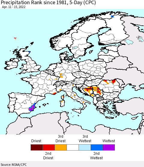 Europe Precipitation Rank 5-Day (CPC) Thematic Map For 4/11/2022 - 4/15/2022
