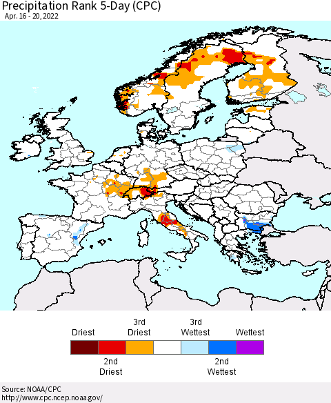 Europe Precipitation Rank 5-Day (CPC) Thematic Map For 4/16/2022 - 4/20/2022