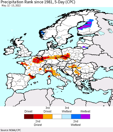 Europe Precipitation Rank 5-Day (CPC) Thematic Map For 5/11/2022 - 5/15/2022