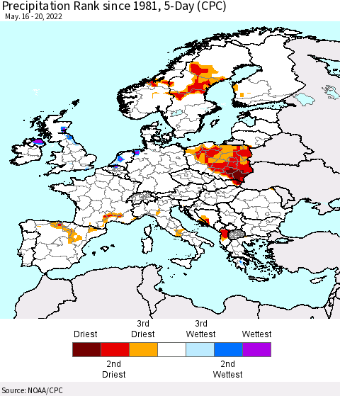 Europe Precipitation Rank since 1981, 5-Day (CPC) Thematic Map For 5/16/2022 - 5/20/2022