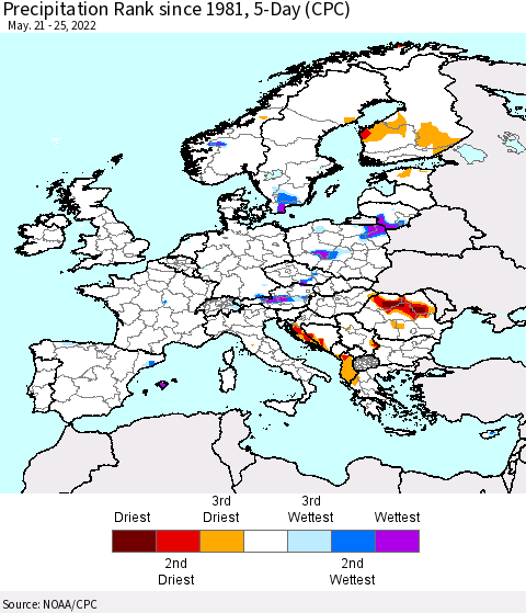 Europe Precipitation Rank 5-Day (CPC) Thematic Map For 5/21/2022 - 5/25/2022