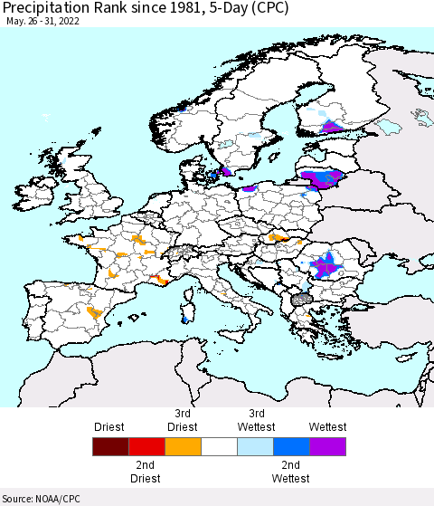 Europe Precipitation Rank since 1981, 5-Day (CPC) Thematic Map For 5/26/2022 - 5/31/2022