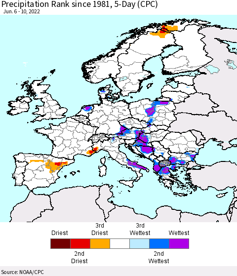 Europe Precipitation Rank since 1981, 5-Day (CPC) Thematic Map For 6/6/2022 - 6/10/2022