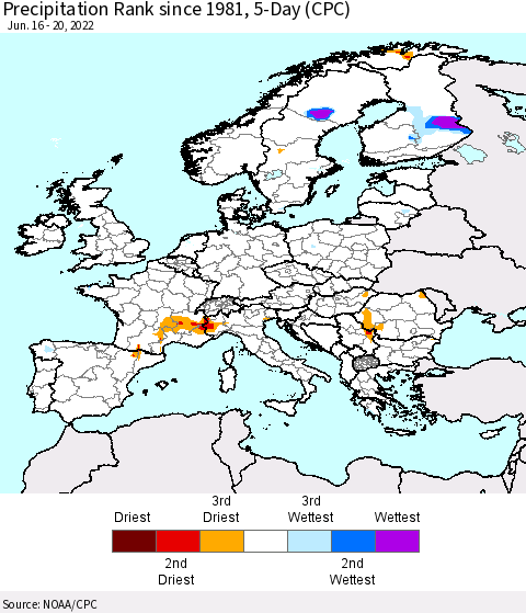 Europe Precipitation Rank since 1981, 5-Day (CPC) Thematic Map For 6/16/2022 - 6/20/2022