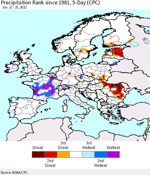 Europe Precipitation Rank since 1981, 5-Day (CPC) Thematic Map For 6/21/2022 - 6/25/2022