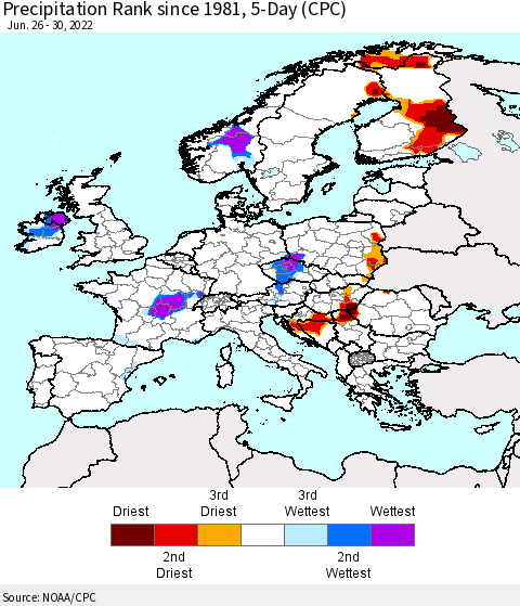 Europe Precipitation Rank since 1981, 5-Day (CPC) Thematic Map For 6/26/2022 - 6/30/2022