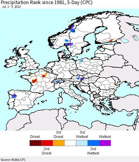 Europe Precipitation Rank since 1981, 5-Day (CPC) Thematic Map For 7/1/2022 - 7/5/2022