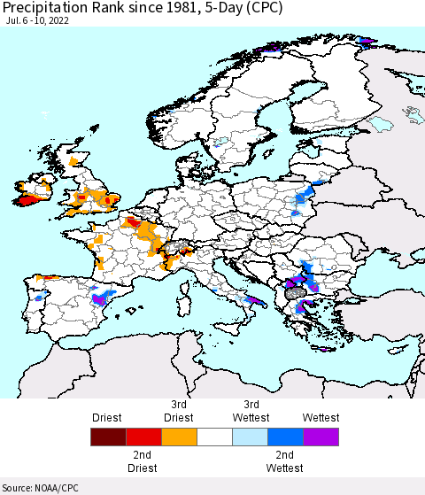 Europe Precipitation Rank since 1981, 5-Day (CPC) Thematic Map For 7/6/2022 - 7/10/2022