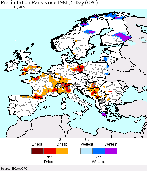 Europe Precipitation Rank since 1981, 5-Day (CPC) Thematic Map For 7/11/2022 - 7/15/2022