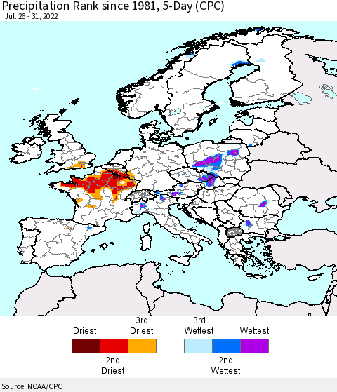 Europe Precipitation Rank since 1981, 5-Day (CPC) Thematic Map For 7/26/2022 - 7/31/2022