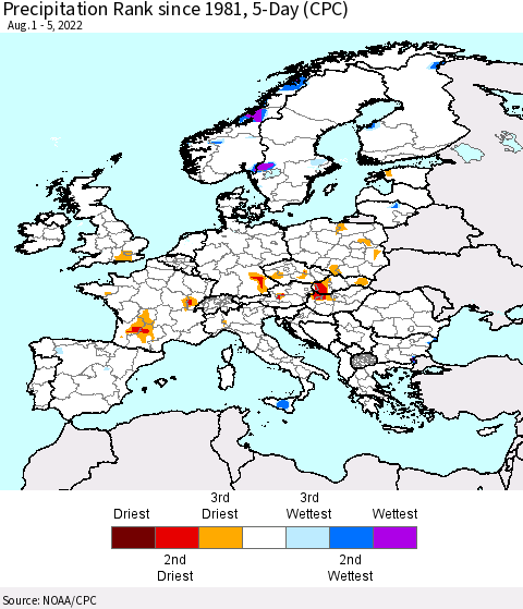 Europe Precipitation Rank since 1981, 5-Day (CPC) Thematic Map For 8/1/2022 - 8/5/2022