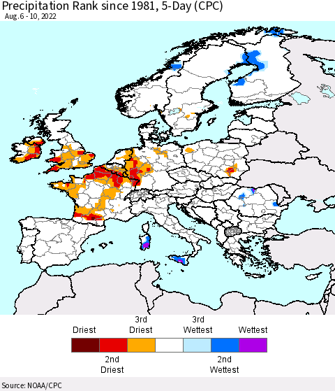 Europe Precipitation Rank since 1981, 5-Day (CPC) Thematic Map For 8/6/2022 - 8/10/2022