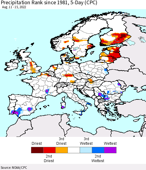 Europe Precipitation Rank since 1981, 5-Day (CPC) Thematic Map For 8/11/2022 - 8/15/2022