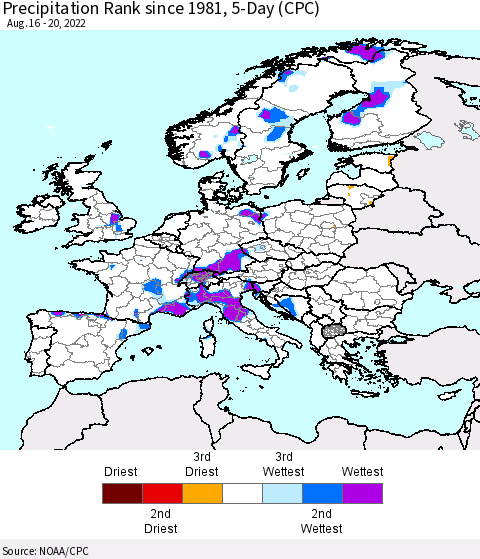 Europe Precipitation Rank since 1981, 5-Day (CPC) Thematic Map For 8/16/2022 - 8/20/2022
