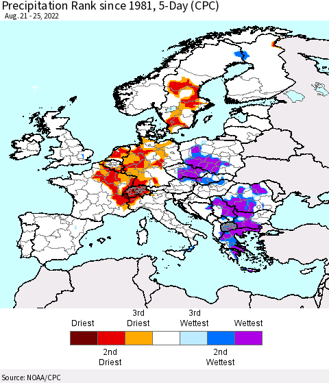 Europe Precipitation Rank since 1981, 5-Day (CPC) Thematic Map For 8/21/2022 - 8/25/2022