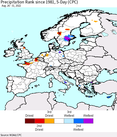 Europe Precipitation Rank since 1981, 5-Day (CPC) Thematic Map For 8/26/2022 - 8/31/2022