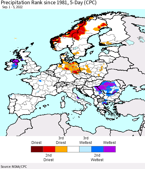 Europe Precipitation Rank since 1981, 5-Day (CPC) Thematic Map For 9/1/2022 - 9/5/2022