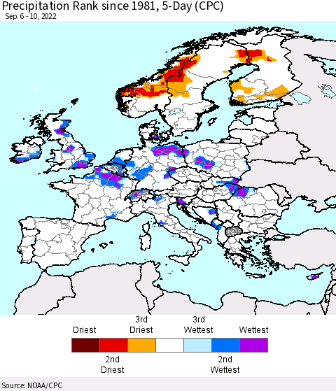 Europe Precipitation Rank since 1981, 5-Day (CPC) Thematic Map For 9/6/2022 - 9/10/2022