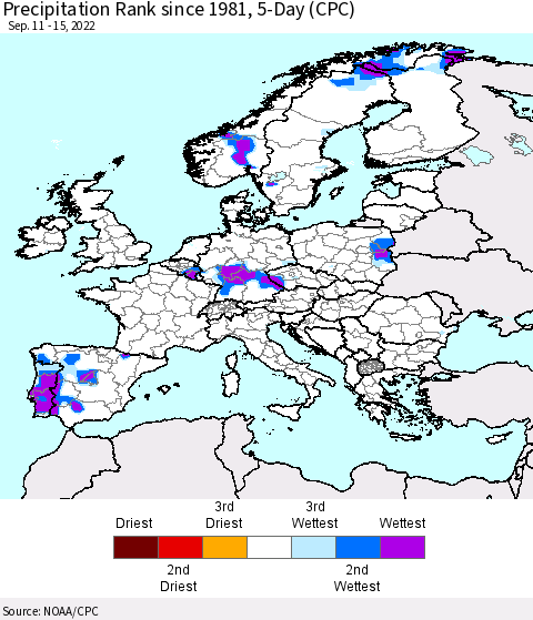 Europe Precipitation Rank since 1981, 5-Day (CPC) Thematic Map For 9/11/2022 - 9/15/2022