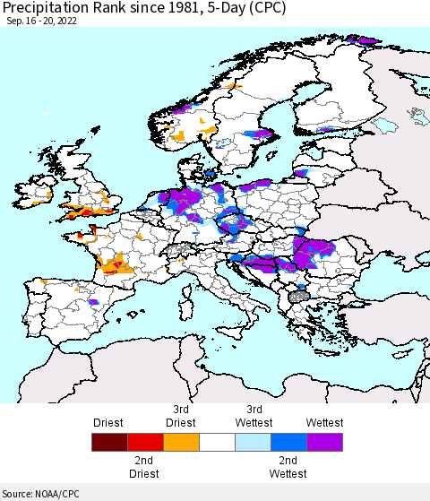 Europe Precipitation Rank since 1981, 5-Day (CPC) Thematic Map For 9/16/2022 - 9/20/2022