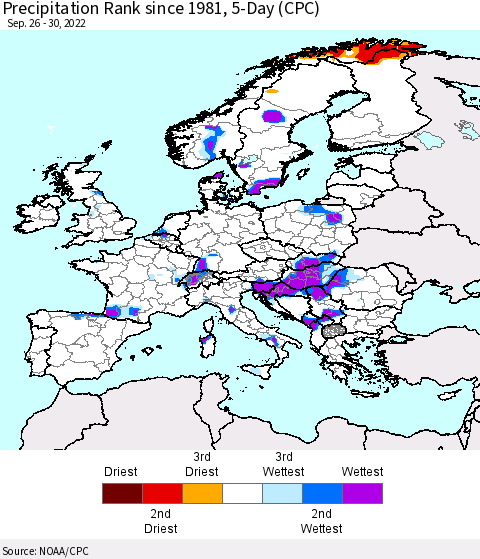 Europe Precipitation Rank since 1981, 5-Day (CPC) Thematic Map For 9/26/2022 - 9/30/2022
