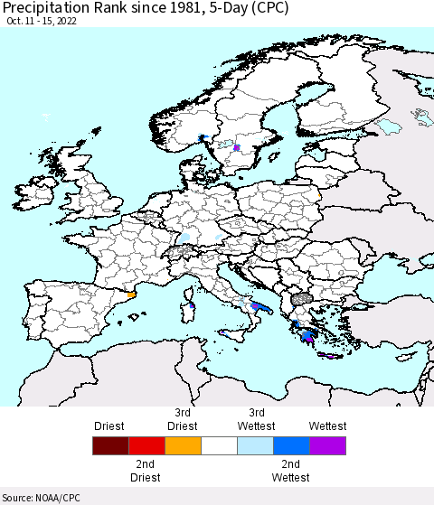 Europe Precipitation Rank since 1981, 5-Day (CPC) Thematic Map For 10/11/2022 - 10/15/2022
