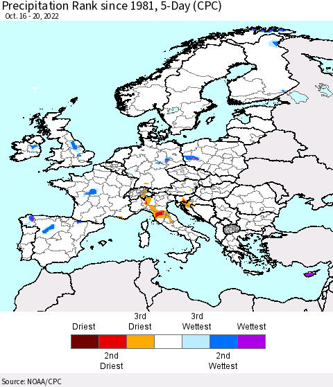 Europe Precipitation Rank since 1981, 5-Day (CPC) Thematic Map For 10/16/2022 - 10/20/2022