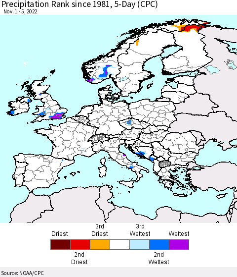 Europe Precipitation Rank since 1981, 5-Day (CPC) Thematic Map For 11/1/2022 - 11/5/2022
