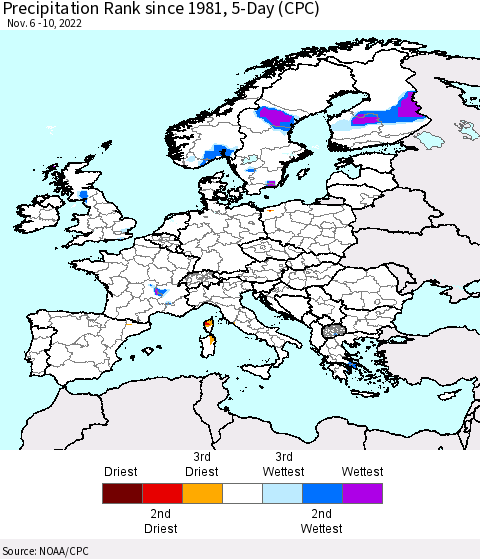 Europe Precipitation Rank since 1981, 5-Day (CPC) Thematic Map For 11/6/2022 - 11/10/2022