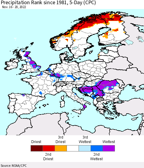 Europe Precipitation Rank since 1981, 5-Day (CPC) Thematic Map For 11/16/2022 - 11/20/2022