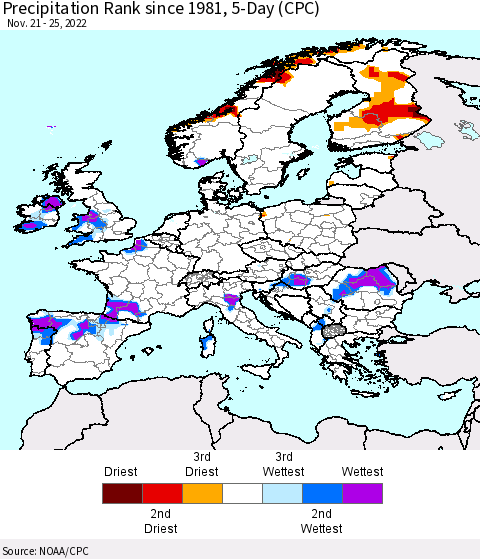 Europe Precipitation Rank since 1981, 5-Day (CPC) Thematic Map For 11/21/2022 - 11/25/2022